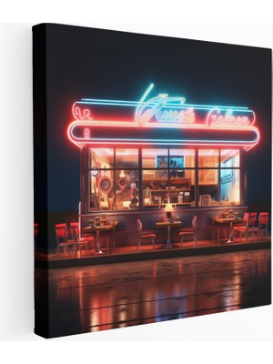 Popcasso Nostaljik 1950'LER Diner Temalı Canlı Neon Işıklı Kanvas Tablo