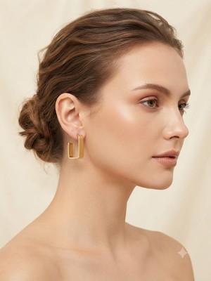 Ovia Jewelry Geometrik Kare Halka Küpe - Gold Renk Minimalist Şık Kadın Aksesuar