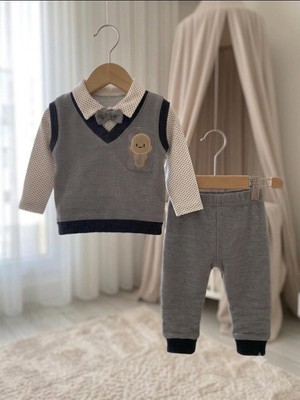 Bebellove 2'li süveterli ayı Nakışlı Erkek Takım 0-3 ay, 3-6 ay 6-9 ay 9-12 ay Erkek Bebek Takım papyonlu süveterli body + manşetli pijama Yenidoğan Bebek Takım