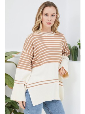 FullaModa Çizgili Geniş Kol Oversize Triko Kazak