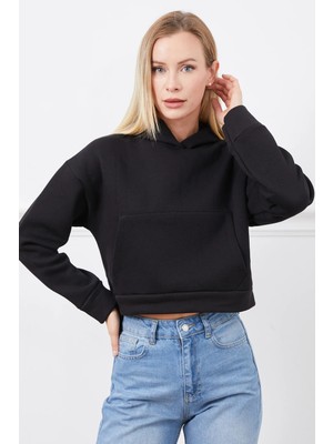 FullaModa 3  Iplik Kapüşonlu Crop Sweatshirt