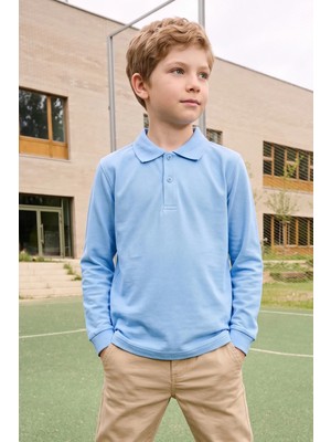 FullaModa Basic Polo Yaka Uzun Kollu Unisex Çocuk Tişört