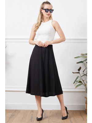 FullaModa Fitilli Beli Lastikli Midi Boy Etek