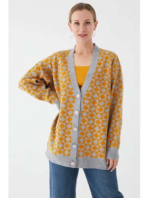 FullaModa Geometrik Desenli Oversize Triko Hırka