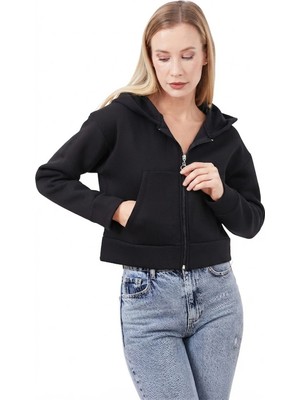 FullaModa Fermuarlı Kapüşonlu Crop Sweatshirt