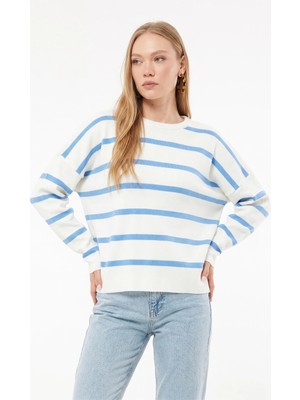 FullaModa Çizgili Bisiklet Yaka Oversize Triko Kazak