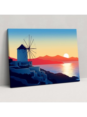 Popcasso Santorini Manzaralı Dekoratif Kanvas Tablo - Minimalist Tasarım ile Evinizi Rüzgar Değirmeniyle Zenginleştirın