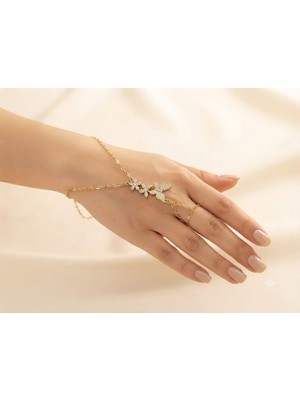 Ovia Jewelry Zirkon Taşlı Çiçek ve Kelebek Motifli Gold Şahmeran