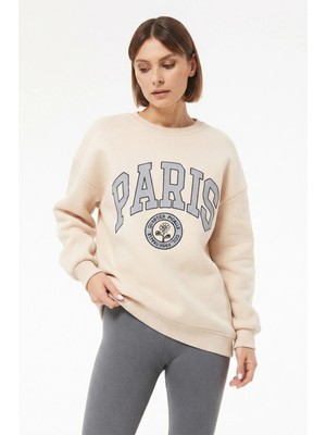 FullaModa 3 Iplik Paris Baskılı Oversize Sweatshirt