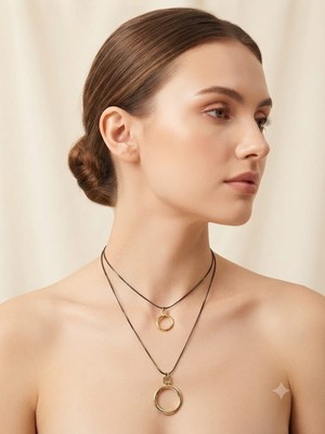 Ovia Jewelry Çift Halka Uçlu Çok Katlı Siyah Ipli Kolye - Gold Detaylı Şık Kadın Kolye
