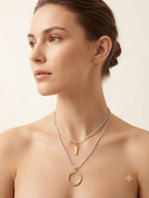 Ovia Jewelry Çubuk ve Halka Uçlu Çok Katlı Ipli Kolye - Gold Detaylı Şık Kadın Kolye