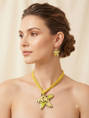 Ovia Jewelry Yıldız Motifli Sarı Ipli Kolye ve Küpe Seti - Yaz Temalı Şık Kadın Takı Seti