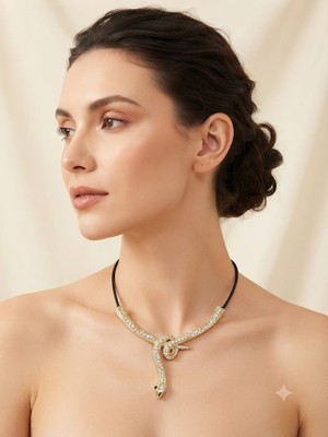 Ovia Jewelry Zirkon Taşlı Yılan Figürlü Siyah Ipli Kolye - Iddialı Şık Kadın Aksesuar