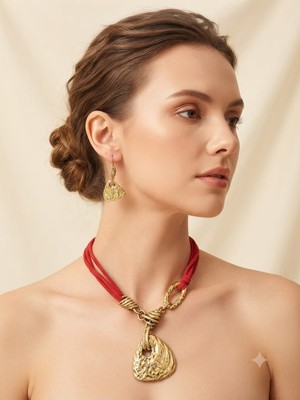 Ovia Jewelry Dövme Metal Dokulu Kırmızı Ipli Kolye ve Küpe Seti - Şık Kadın Takı Seti