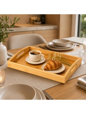 Hsc Bilişim Doğal Bambu Servis Tepsisi 33 x 22 Cm, Kulplu Kahvaltı Tepsisi, Çay Kahve Sunum Tepsisi, Ha
