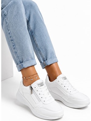 Mcdark Kadın Fermuarlı ve Bağcıklı Sararmaz Taban Sneaker Ayakkabı-Beyaz