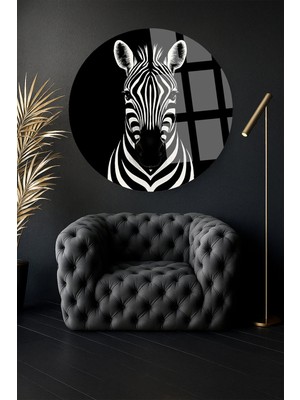 Taulart Siyah Beyaz Zebra Detaylı  Ofis Salon Tasarım Şık Yuvarlak Cam Tablo