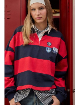 DeFacto %100 Pamuk Loose Fit Polo Yaka Renk Bloklu Nakışlı Uzun Kollu Sweatshirt H9944AX26AU