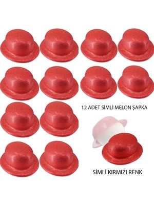 Marsilyan Mey Ithalat® Kırmızı Renk Simli Melon Yuvarlak Parti Şapkası 12 Adet