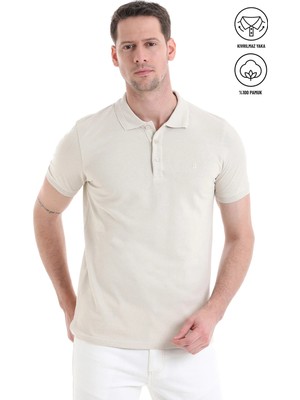 Hatemoğlu Bej Regular Fit Düz 100% Pamuklu Polo Yaka Tişört