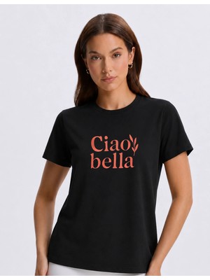 Organickid Basic Kadın Bisiklet Yaka Nakışlı Siyah T-Shirt