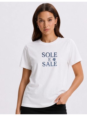 Organickid Basic Kadın Bisiklet Yaka Nakışlı Beyaz T-Shirt
