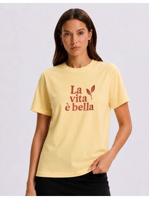 Organickid Basic Kadın Bisiklet Yaka Nakışlı Bej T-Shirt