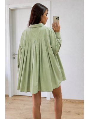 Beruflic Kadın Oversize Pens Detaylı Cepli Yırtmaçlı Rahat Kalıp Poplin Gömlek - Yeşil