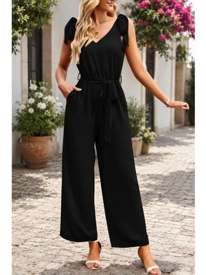 Meride Fashion Omuzlardan Bağlamalı V Yaka Beli Kuşaklı Aerobin Tulum - 4652 Siyah - L/xl