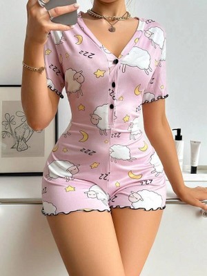 Nemere  Pamuklu Pembe Kuzu Desenli Düğmeli Uzun Kol Tulum Pijama