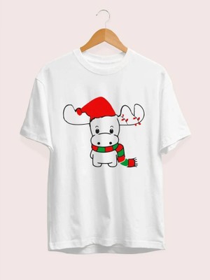 Beruflic Yılbaşı Noel Ren Geyiği Baskılı Kısa Kollu Oversize Bisiklet Yaka Tshirt