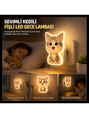 Tg Tek-İş Global Sevimli Kedili Fişli LED Gece Lambası | Yumuşak Işık Veren Dekoratif Çocuk Odası ve Bebek Odası Priz Lambası
