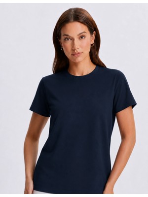 Organickid Basic Kadın Bisiklet Yaka Lacivert T-Shirt