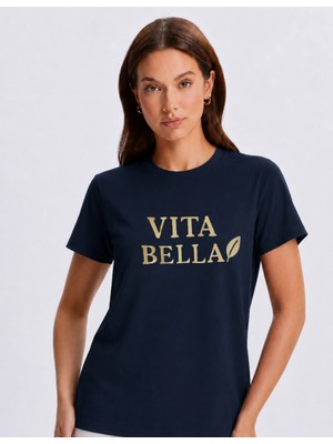 Organickid Basic Kadın Bisiklet Yaka Nakışlı Lacivert T-Shirt