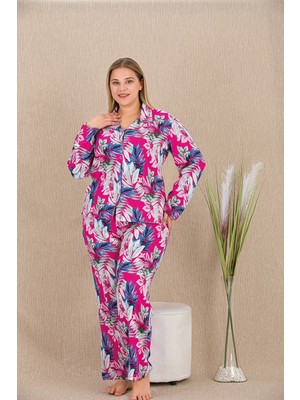 Beruflic  Büyük Beden Renkli Yaprak Desenli Düğmeli Uzun Kol Viskon Pijama Takımı
