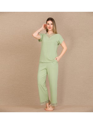 Nemere  Pamuklu Şık Tasarım Dantel Işlemeli Yeşil Kısa Kol Pijama Takımı