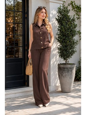 Meride Fashion Kahve Gold Düğmeli Kolsuz Bluz ve Bol Paça Pantolon Yelekli Takım - 4884 L