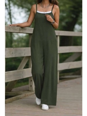 Meride Fashion Askılı Yandan Fermuarlı Geniş Paça Tulum Yeşil - S/m