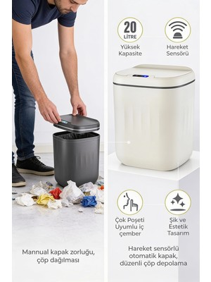 Beruflic 20 Litre Hareket Sensörlü Akıllı Çöp Kovası Beyaz