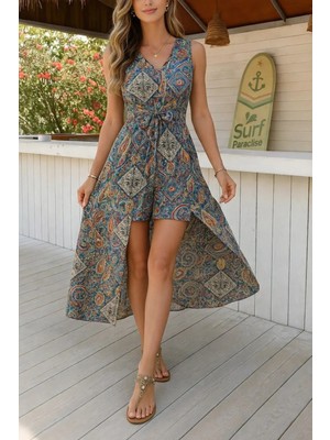 Meride Fashion Kadın Kolsuz V Yaka Desenli Süprem Tulum Elbise Yazlık Rahat Elbise Mavi - S/m