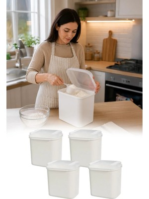 Omilife 4'lü Masal Saklama Kabı Beyaz 4,5 Litre Un ve Bakliyat Saklama Kabı Kapaklı Erzak Düzenleyici VP-033