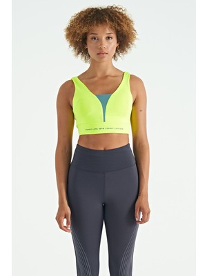 Tommy Life Neon Sarı Yazı Baskılı Renk Bloklu Dar Kalıp Dalgıç Kumaş Kadın Büstiyer - 97271