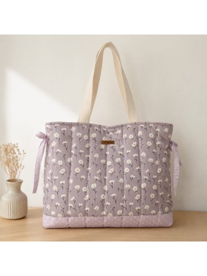 Elisss Bag Mor Çiçek Desenli Kadın Çanta, Piknik Çantası, Lunchbag, Bebek Çantası, Plaj Çantası %100 Pamuk