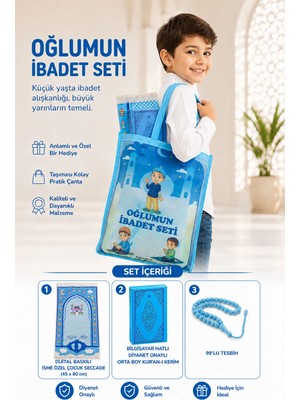 İhvan Online Kuran Kursları İçin Mavi Çantalı Kuranı Kerim Tesbih İsimli Seccade Seti Pamuklu Dini Desenli