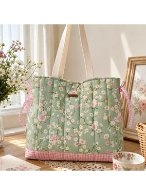 Elisss Bag Yeşil Çiçek Desenli Kadın Çanta, Piknik Çantası, Lunchbag, Bebek Çantası, Plaj Çantası %100 Pamuk