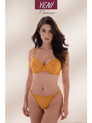 Valunor Mesh Sarı Hardal Fantazi İç Çamaşırı Takımı Dantelli Bralet ve Tanga Kadın İç Giyim
