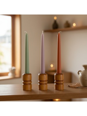U Atölye Ring Kayın Ahşap Şamdan Standart Konik Mum Için Salon Konsol Mumluk 3'lü Set 7 cm