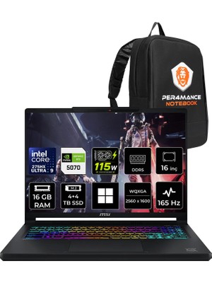 MSI Msı Crosshair 16 Max Hx Ultra 9 275HX Rtx 5070 12GB 115W 16GB Ram 4tb + 4tb SSD 16″ Qhd+ (2560 x 1600) OLED 165Hz WIN11 Home E2WGXK043TRP372 Gaming Laptop + Per4 Çanta