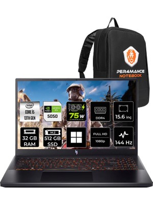 Acer Nitro V15 ANV15-52 I5 13420H Rtx 5050 8gb 75W 32GB Ram 512GB SSD 15.6" Fhd (1920X1080) 165Hz WIN11 Pro NHQZ7EY001P332 Gaming Laptop + Per4 Çanta