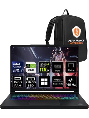 MSI Msı Crosshair 16 Max Hx Ultra 9 275HX Rtx 5070 12GB 115W 16GB Ram 256GB SSD 16″ Qhd+ (2560 x 1600) OLED 165Hz WIN11 Home E2WGXK043TRP367 Gaming Laptop + Per4 Çanta
